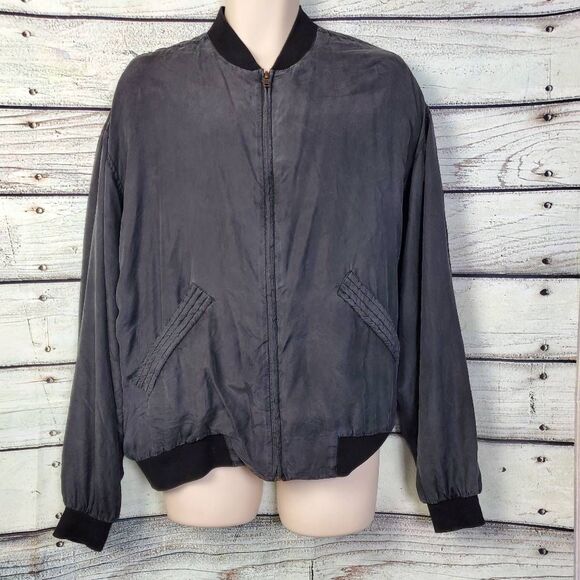 Vintage Campus Bomber Jacket Men’s Large Black Silk Nylon Lined Zip Front Lightw - Picture 1 of 8
